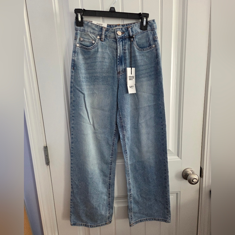 NWT OAT Womens 0/25 Cloud Luxe Denim Light Wash Jeans High Rise Wide Leg Ankle